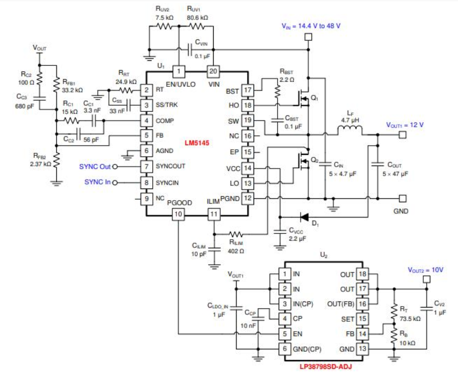 Application Circuit 2 With LM5145 48-V to 12-V Synchronous Buck Regulator at 400 kHz